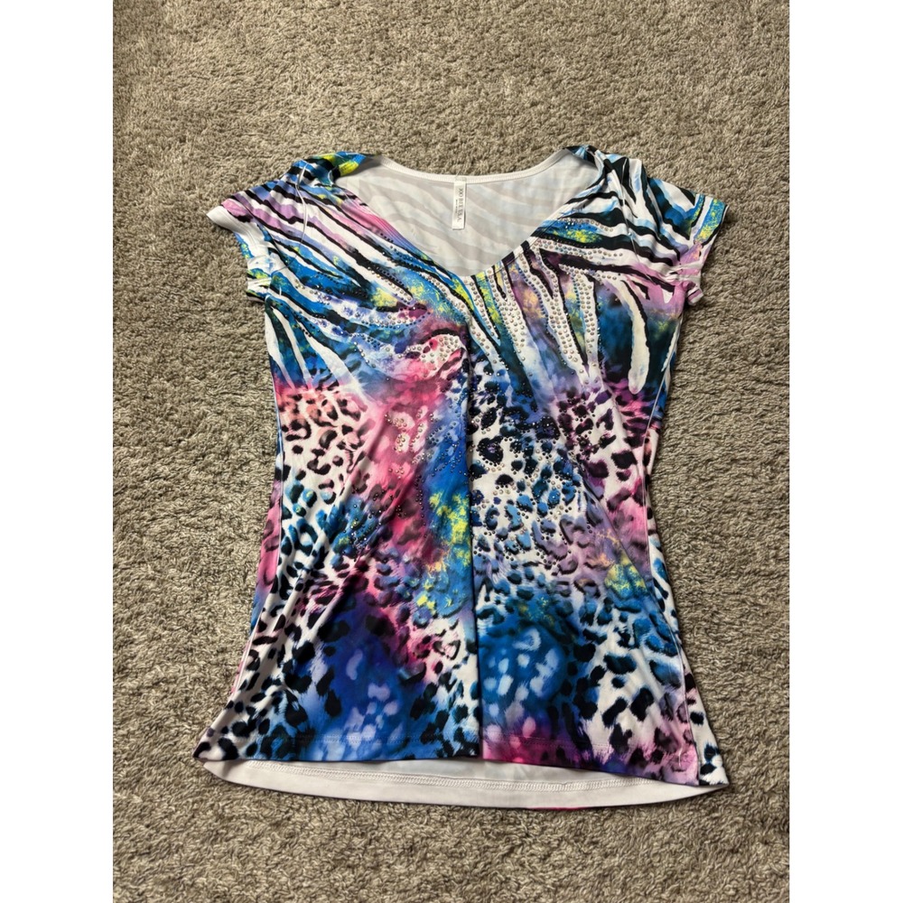 Joo Bee USA Womens Medium Mixed Animal Print Rhinestone V-Neck Top V5026